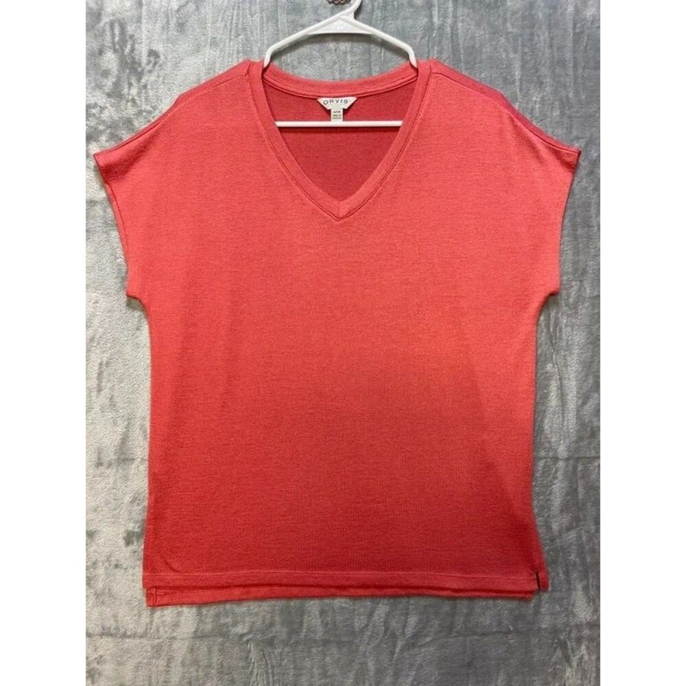 Orvis Womens V Neck Short Sleeve Top Coral Red Stretch Size S